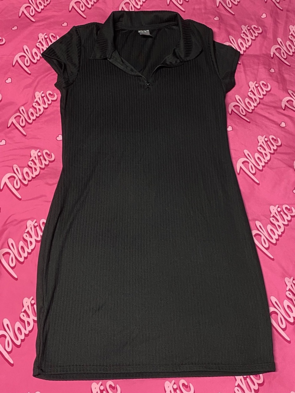 NWOT NoBo Black Ribbed Casual Lounge Tennis Shirt Sporty Zip Up Collar Dress